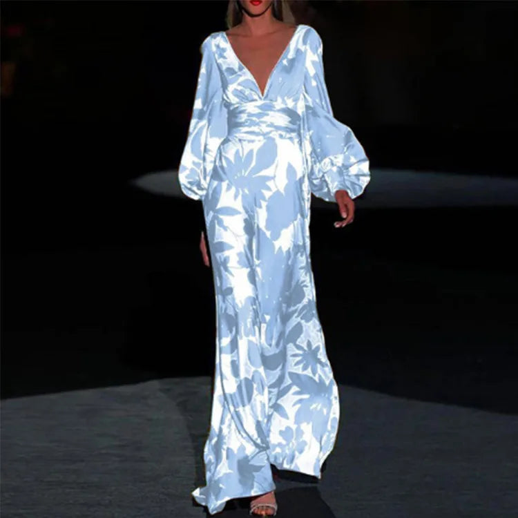 Women Long Dress Flared Sleeve Floral Printed Slim Fit 2023 Spring Summer Female Robes Sexy Maxi Dress Vacation Dresses