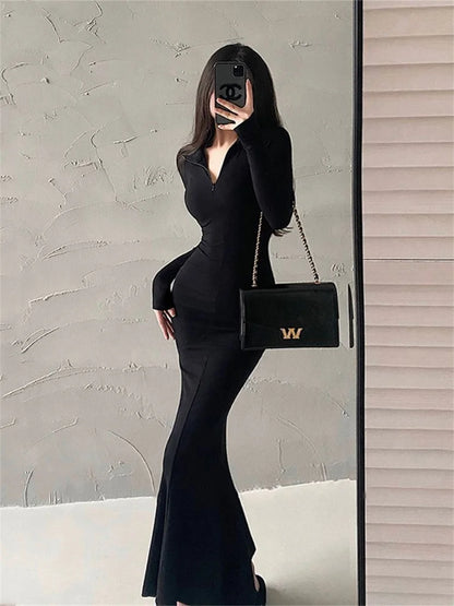 Women Spring Autumn Style Long Sleeve Zipper Collar Mermaid Sexy Dress Vestidos SS156