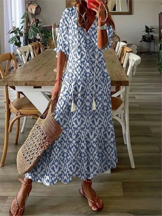 2024 Women Vintage Print Bohemian Dress Summer Fashion V Neck Half Sleeves Long Dresses Female Casual Holiday Beach Dresses