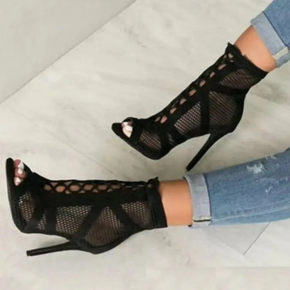 Sandals Hollowed Mesh Heels Belt Buckle Women's Summer Beige Lace-up Sexy Open Toe Boots Stiletto Jazz Dance Party Ladies Shoes