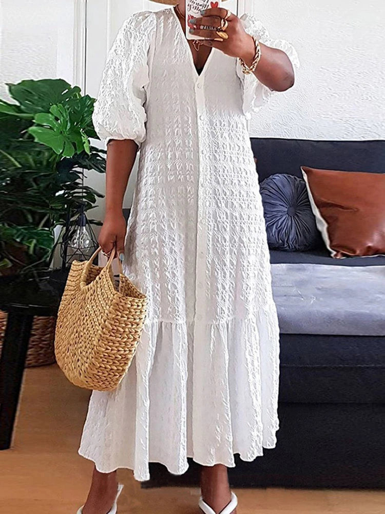 Plus Size Women Shirt Dress 2023 Summer Sexy V Neck Buttons Half Sleeve Long Maxi Vestidos Bohemian Elegant Party Robe