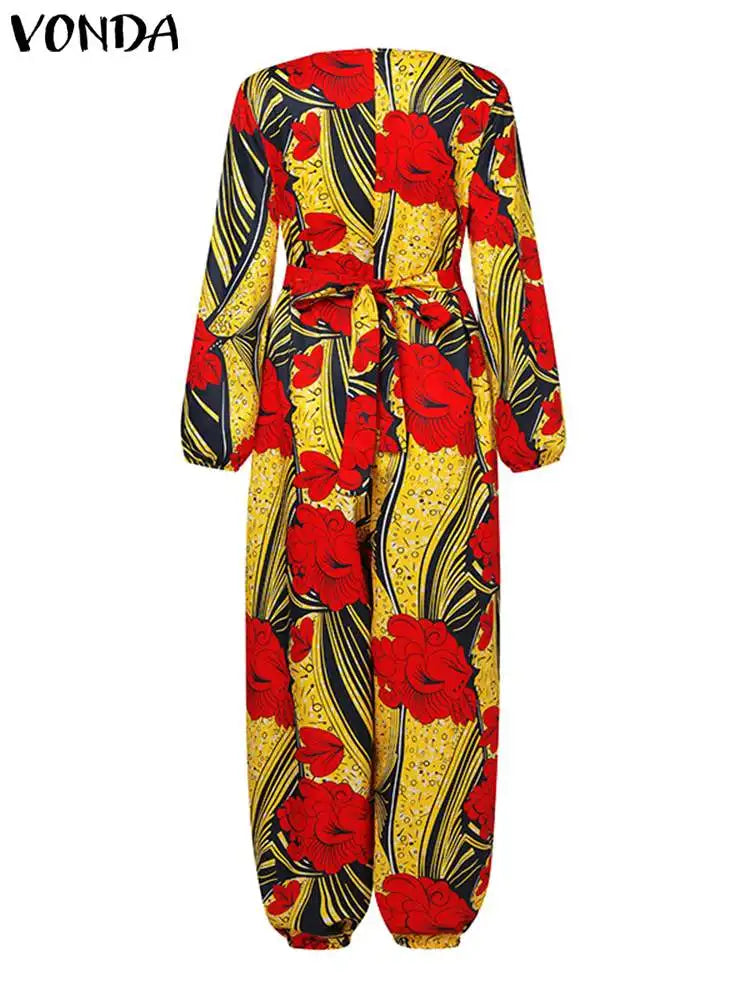 Plus Size VONDA Printed Jumpsuits Fashion Women Vintage Long Sleeve High Waist Casual Overalls Loose Bohemian Belted Playsuit