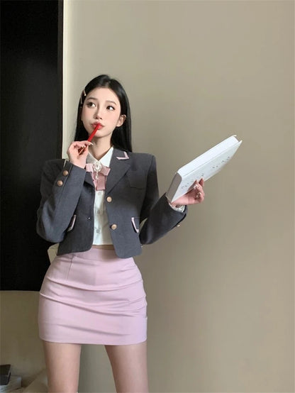 Spring 2024 Korean Uniform Set Girls Preppy Style Daily Casual JK Uniform Grey Short Suit Coat Slim Shirt Pink Wrap Hip Skirt