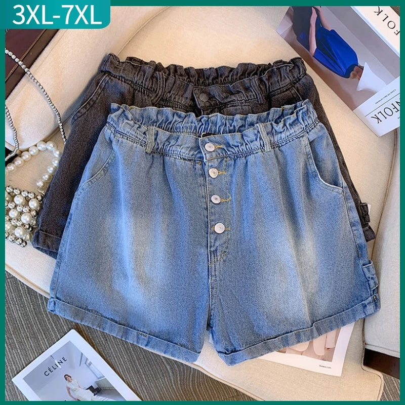 New  Ladies Summer Plus Size hot pants For Women Large Size Loose Black BluE Cotton Pocket Denim Shorts 3XL 4XL 5XL 6XL 7XL