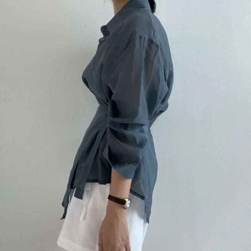 Office Lady Chic Loose Long Sleeve Blouse Clothing Blue Sunscreen Women Shirt 2024 Fashion Elegant Casual Button Tops 15674