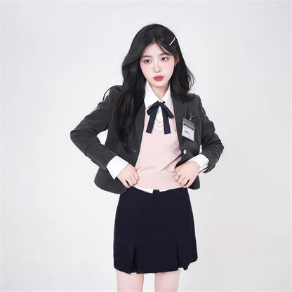 Gangnam College Style Pink Suit Korean JK Uniform Blazer Suit Girls Sheath Dress Women's Spring Autumn Blazer Hip Skirt Sets