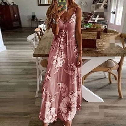 Plus Size Lady Spring Summer Women Dress Floral Print V-Neck Long Dresses Casual Bohemian Sleeveless Beach Party Dress For Women