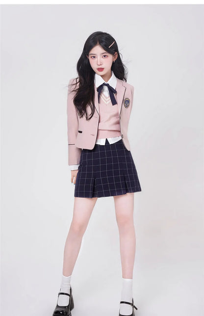 Gangnam College Style Pink Suit Korean JK Uniform Blazer Suit Girls Sheath Dress Women's Spring Autumn Blazer Hip Skirt Sets