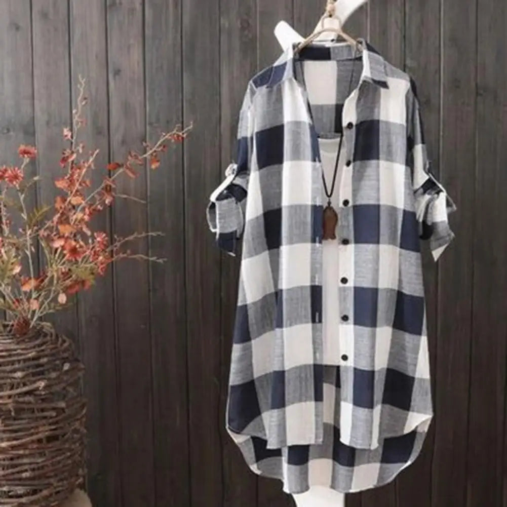 Women Shirt Breathable Shirt Plaid Print Women's Shirt Irregular Hem Long Sleeve Lapel Oversized Soft Breathable Lady Top