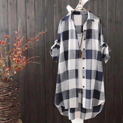 Women Shirt Breathable Shirt Plaid Print Women's Shirt Irregular Hem Long Sleeve Lapel Oversized Soft Breathable Lady Top