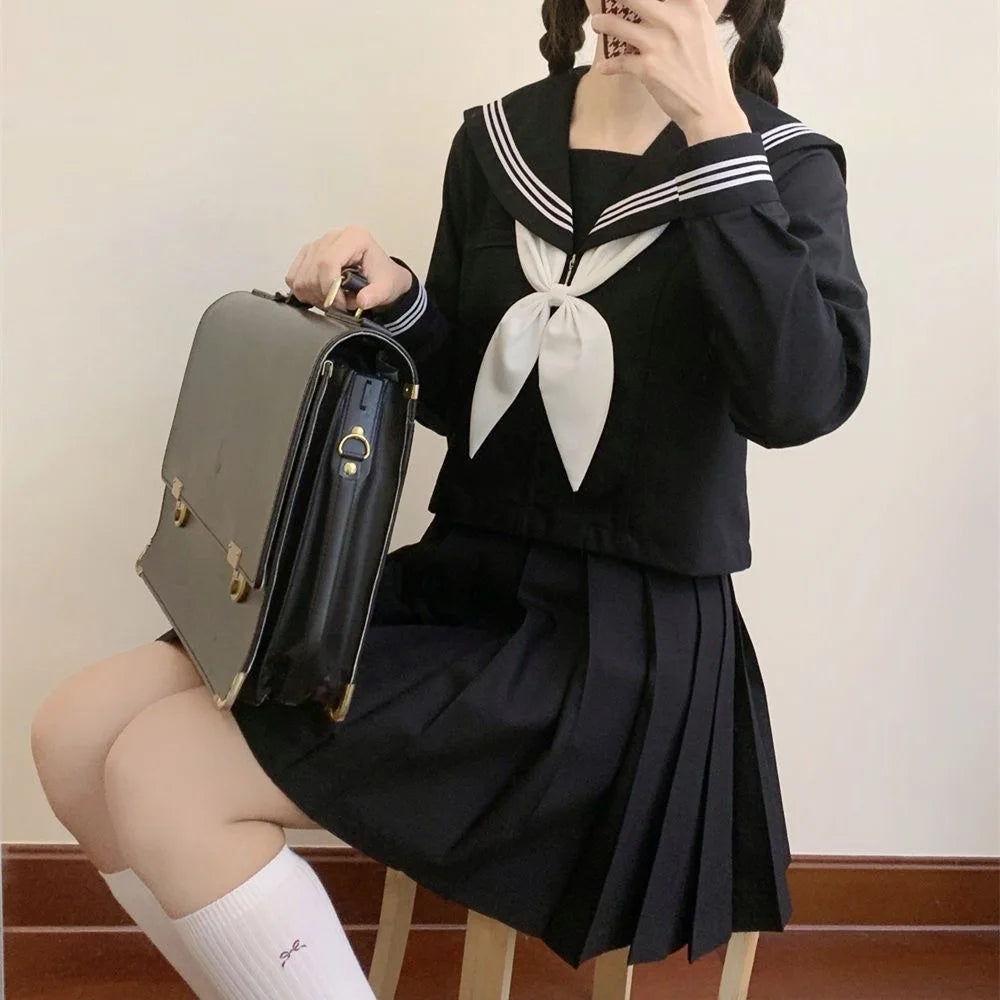 Japanese School Uniforms Style Student Girls Navy Costume Women Sexy Black JK Long Dress Suit Sailor Blouse Pleated Skirt Set