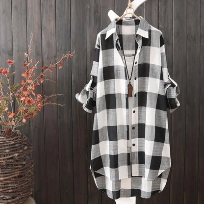 Women Shirt Breathable Shirt Plaid Print Women's Shirt Irregular Hem Long Sleeve Lapel Oversized Soft Breathable Lady Top