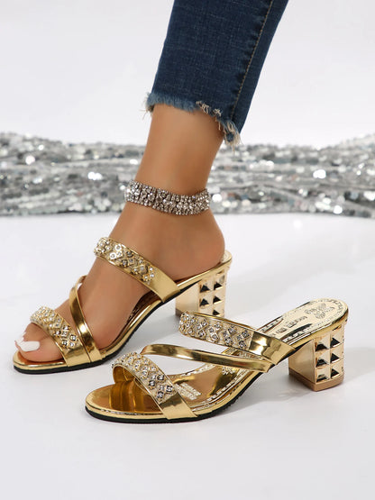 Summer New Women's Sandals and Slippers with Medium Heel Thick Heel Women's Slippers with Open Toe High Heel Rhinestones