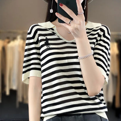 New Embroidery Loose Short Sleeve Striped T-shirt Summer Women's Fashion Short Sleeve Top