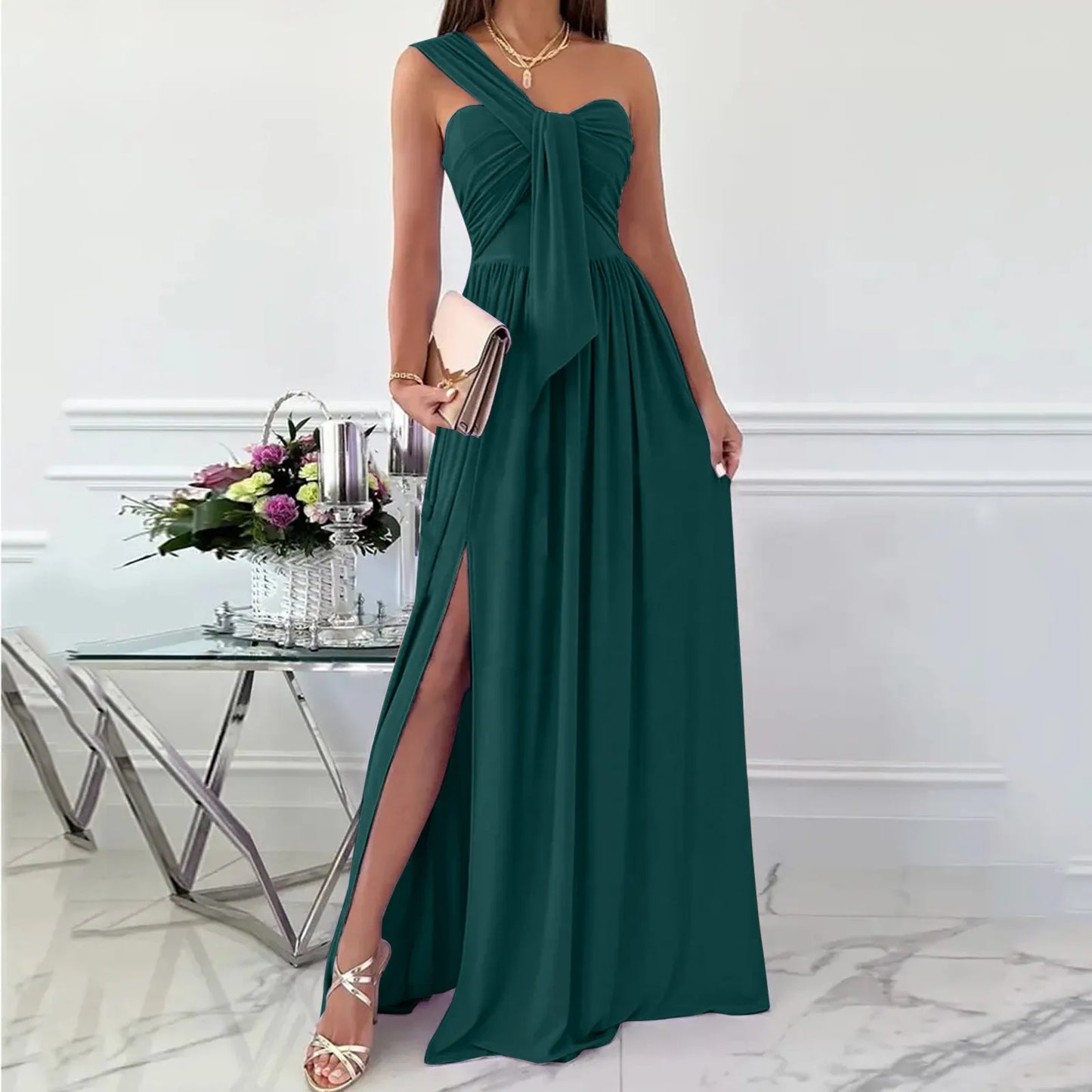 Dresses For Women 2024 One Shoulder Sleeveless Wrap Ruched High Split Long Dresses Lace Up Cocktail Wedding Maxi Party Dresses