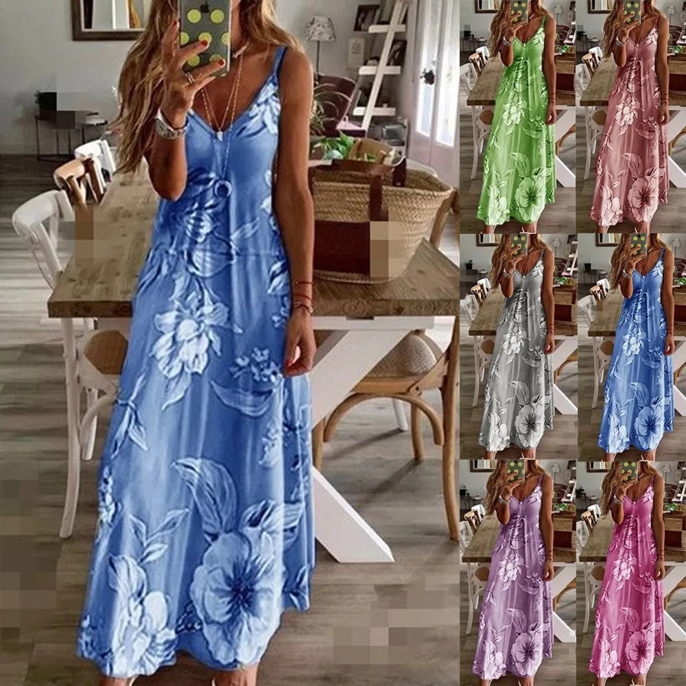 Plus Size Lady Spring Summer Women Dress Floral Print V-Neck Long Dresses Casual Bohemian Sleeveless Beach Party Dress For Women