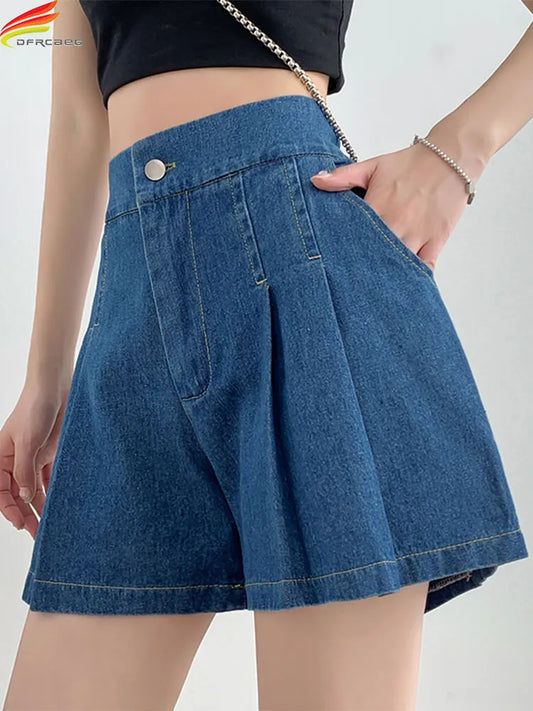 DFRCAEG  Summer Plus Size Denim Shorts For Women High Elastic Waist Blue Or Sky Blue Pleated Mini Large Size Short Femme