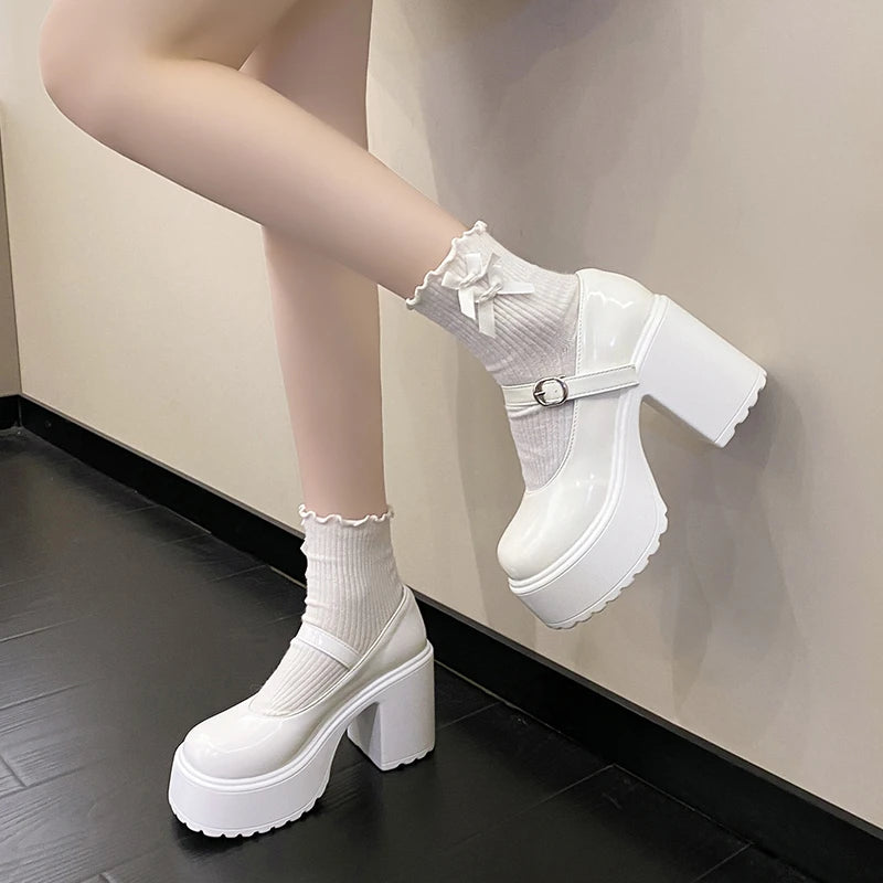 Chunky Platform High Heels Pumps Women 2023 Autumn Pu Leather Ankle Buckle Mary Jane Shoes Woman Thick Heeled White Lolita Shoes