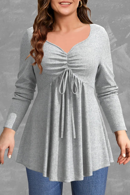 Plus Size Blouses Women Fashion Grey Rib Knit Drawstring V Neck Long Sleeve Office Work Ladies Shirts Casual Blouse Tops