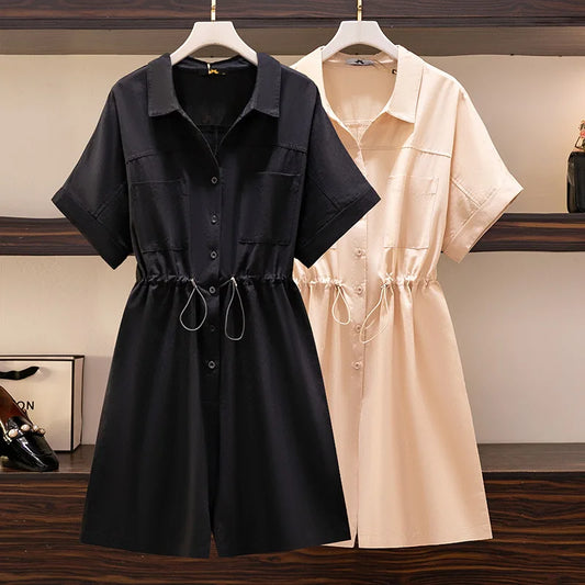 150Kg Plus Size Women's Loose Jumpsuits Bust 153 Drawstring Lapel Short Sleeves Casual Slim One-Piece Shorts 5XL 6XL 7XL 8XL 9XL