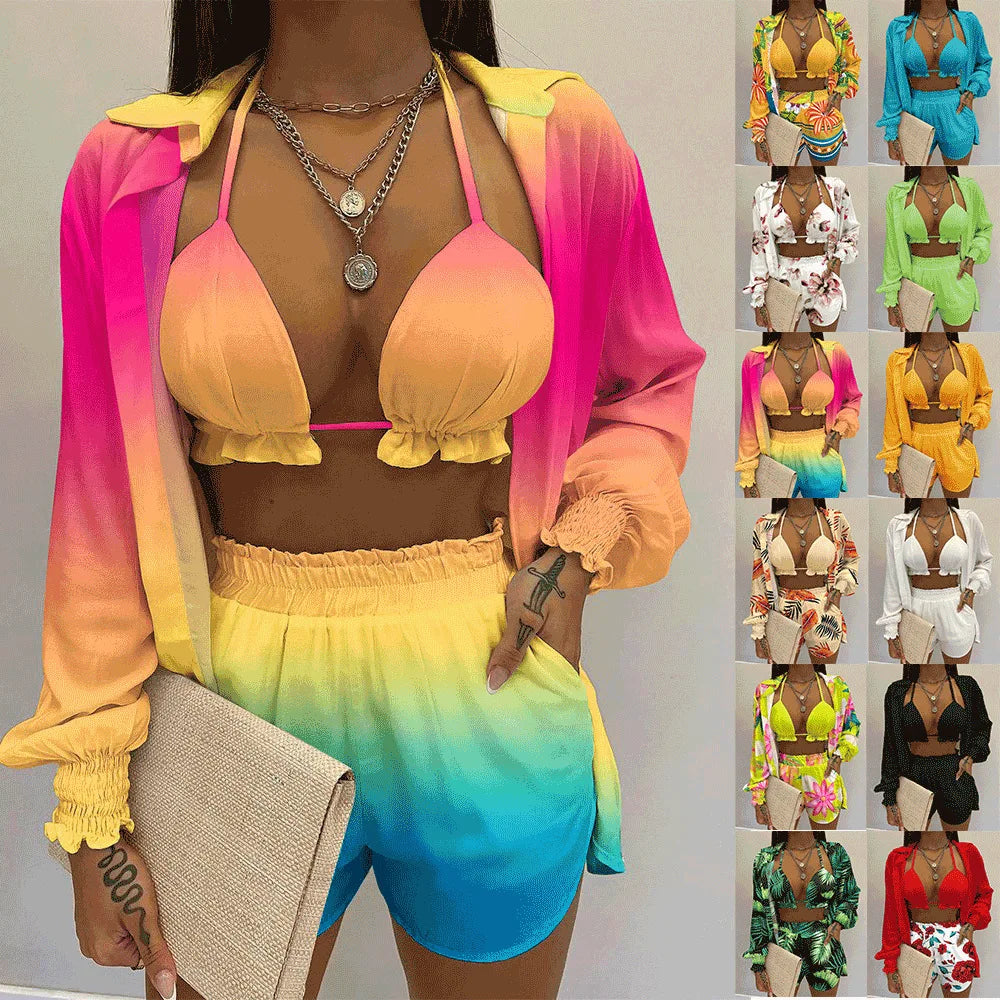 2022 Fashion New Women's Sexy Summer Solid Color Printing 3-piece Casual Beach Shorts Suit Women & Female