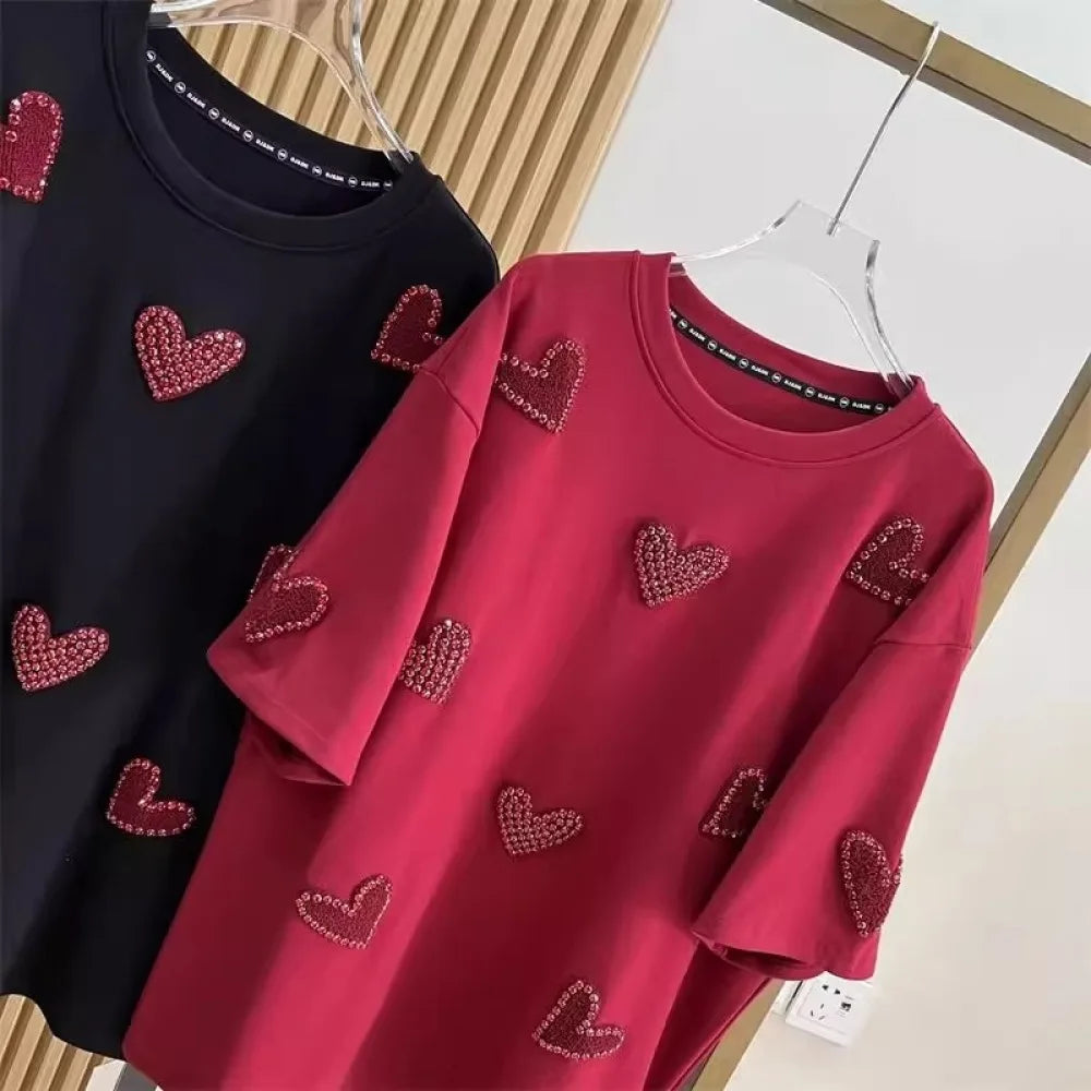 Plus Size 3D Love Towel Embroidery Women T-shirts 150kg XL-4XL Stamping Diamonds Female Tee 2024 Summer New Short Sleeve Top Y2k