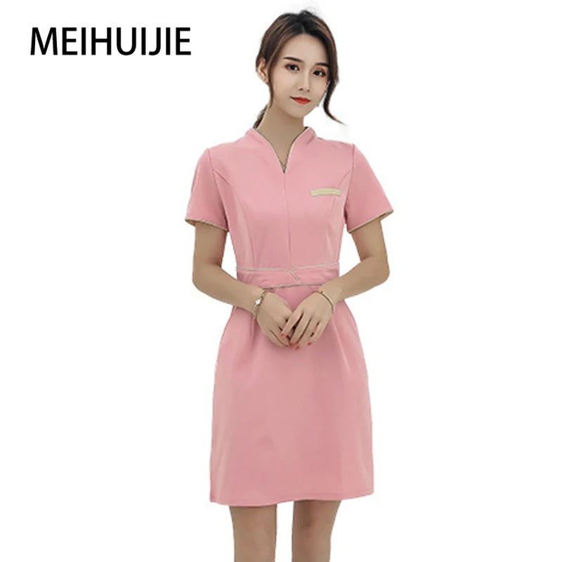 New Style Beauty Salon Uniform Massage Fashion Pink Dress Nail Technician Beautician Overalls Hotel Club Woman Work Gown