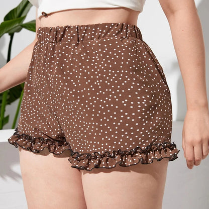 Plus Size Elastic Waist Elegant Polka Dot Shorts Women Frill Lettuce Trim High Waist Straight Beach Shorts Female Large Size 7XL