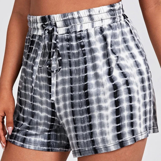 Plus Size Drawstring Waist Summer Casual Tie Dye Shorts Women Black And White Loose Wide Leg Knot Shorts Large Size Sport Shorts