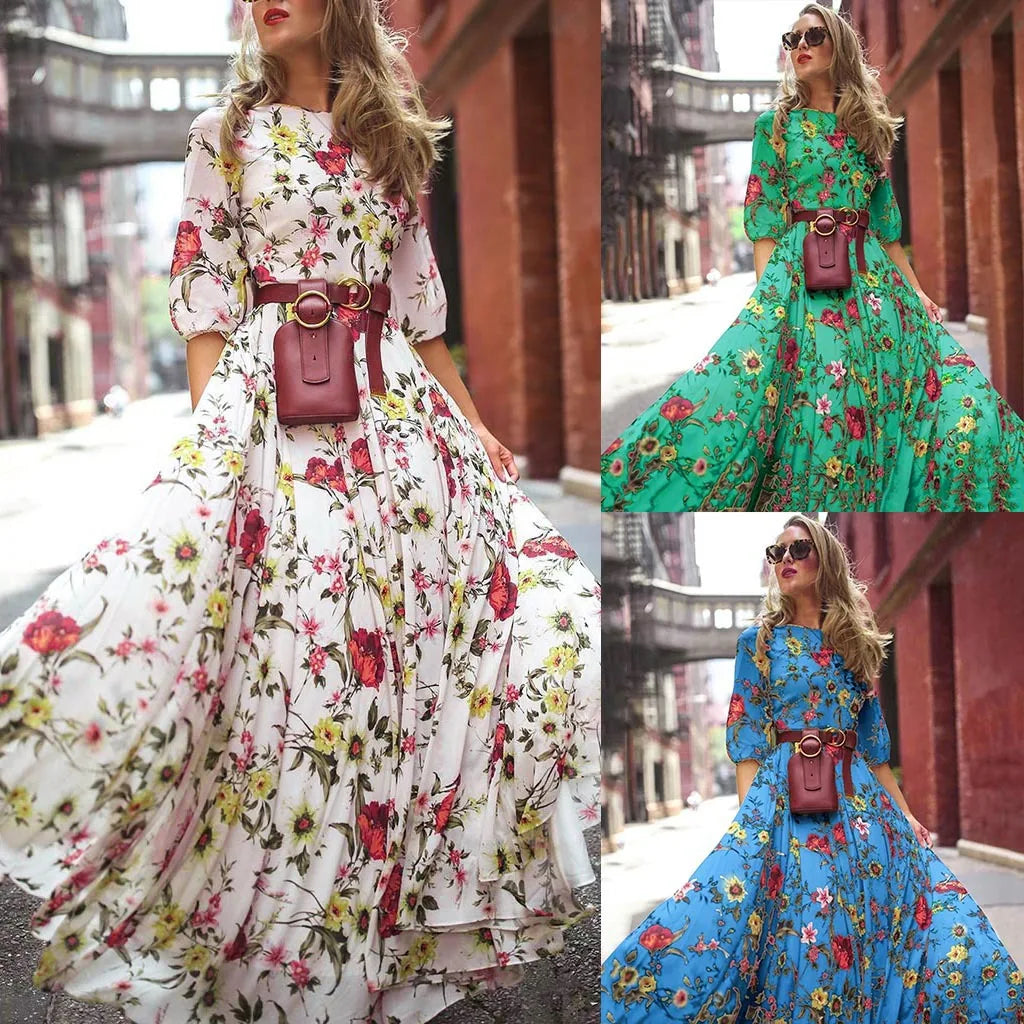 Vacation Dress for Women 2024 New Dress Printed Large Swing Temperament Chiffon Floral Slim Long Dresses Banquet Formal Occasion