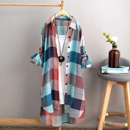 Women Shirt Breathable Shirt Plaid Print Women's Shirt Irregular Hem Long Sleeve Lapel Oversized Soft Breathable Lady Top