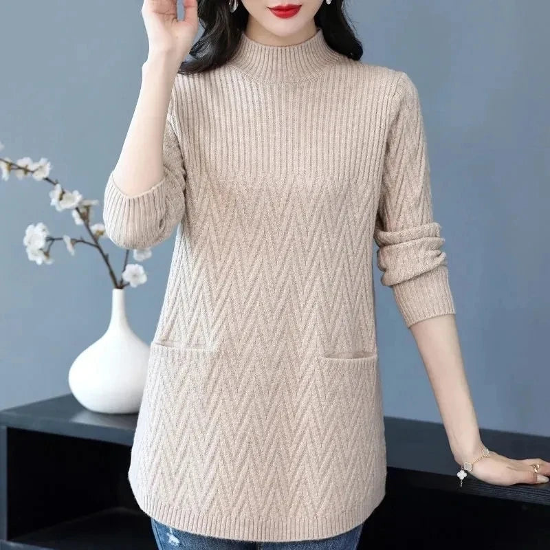 Women's Sweaters Pullover 2023 New Solid Half High Collar Thick Warm Long Knitted Sweaters Winter Female Tops Bottoming Shirt