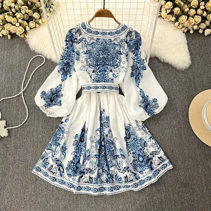 Women Bohemian Dress  Spring Summer Print Long Lantern Sleeve V Neck Corset Slim Button Pleated Dress Women Vacation Dress