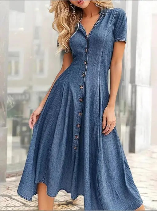 Elegant Casual Female Dress Loose Big Swing Short Sleeve Clothing Denim Outfits Solid Color Long Dresses