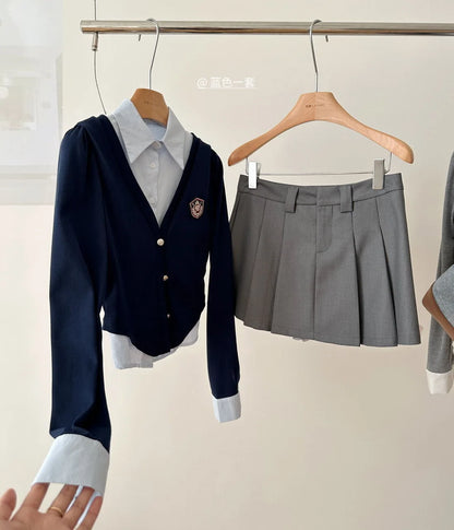 Preppy Style 2024 New Spring Women Korean JK Uniform Set Long Sleeve Navy Mock Two-Piece Shirt Top Jacket A line Skirt Suit Girl