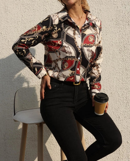 Women Fashion Wild Shirts Chain/Floral/Letter/Geometric Square Print Turn-Down Collar Long Sleeve Blouses