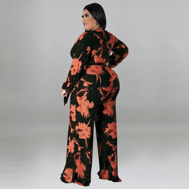 Plus Size Floral Print Jumpsuit Female Casual Loose Elegant Clothing Women One Piece Outfit 2023 Autumn Fashion Wide Leg Pants