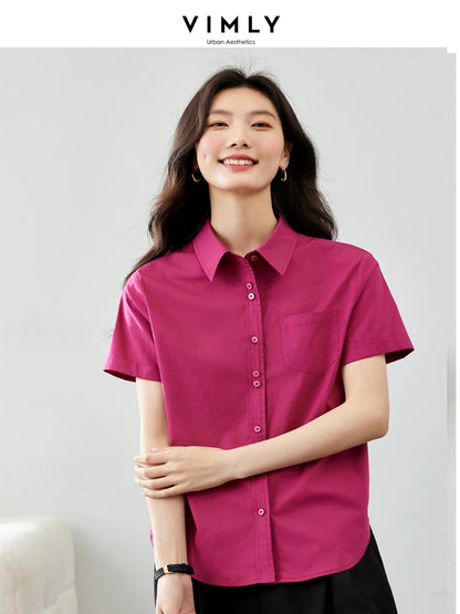 Vimly Cotton Blend Button Up Shirt for Women  Autumn Pointed Collar Long Sleeve Straight-cut Shirts & Blouses Workwear M3536