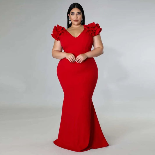 Plus Size Evening Dress Elegant Lady Ruffle Red Black Sexy Backless Large Sizes Women Party Formal Maxi Long Dresses Summer