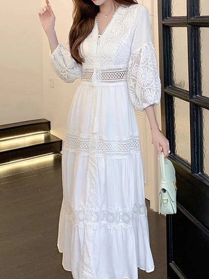 Boho White Dress Women Summer Vintage Long Dresses Female Elegant Hollow Out Dress Ladies Casual Loose Beach Holiday Vestidos