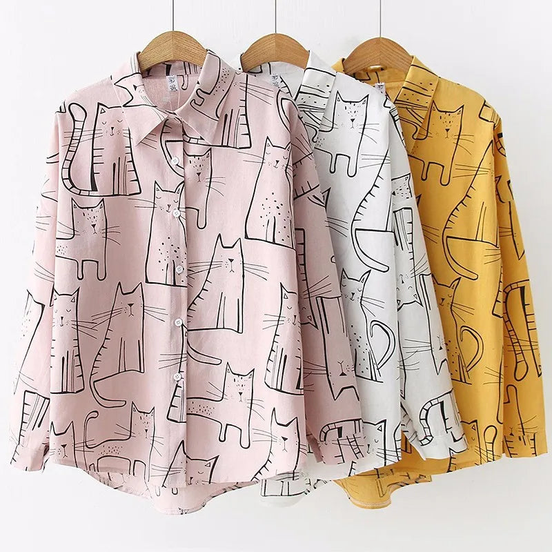 Autumn Fashion Vintage Long Sleeve Women Shirts Elegant Casual Cute Cat Print Female Loose Blouses Girl Ladies Tops 6828