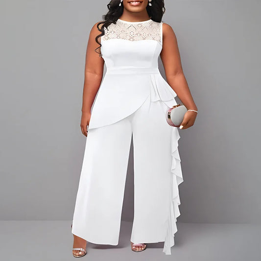 Plus Size Spring Summer Fashion Solid Jumpsuit Women Sexy Round Neck Sleeveless Wooden Ear Edge Wide Leg Pants Elegant Jumpsuit