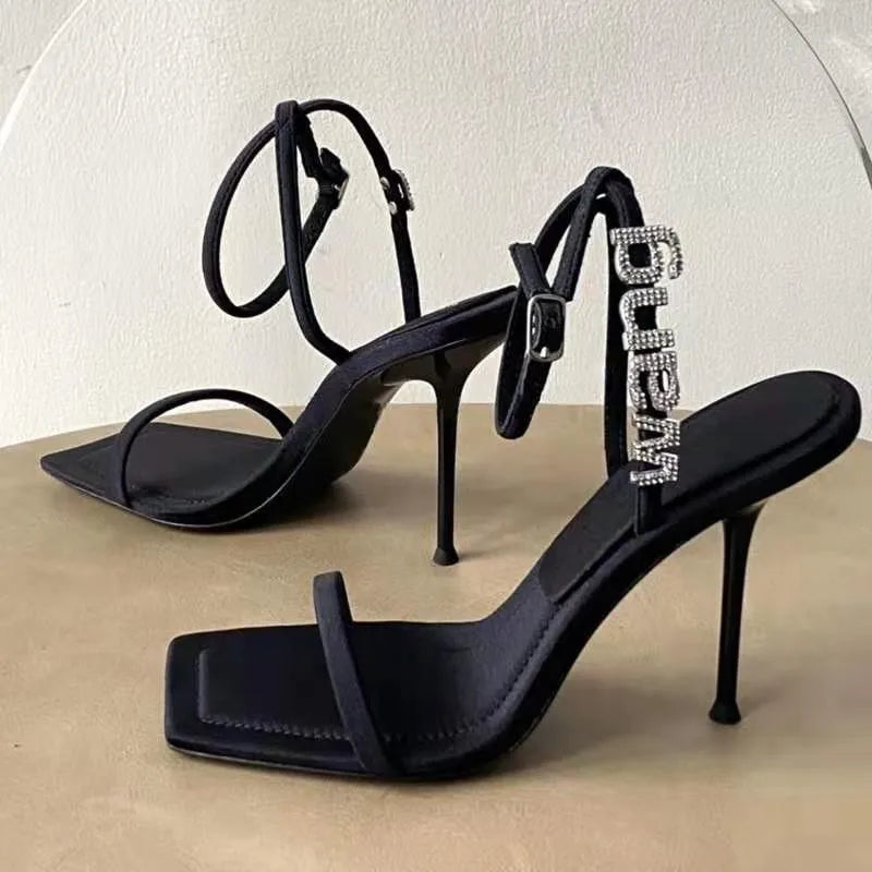 Black high-heeled sandals one-line buckle summer new diamond-lettered square high heels for women slim with sexy everything