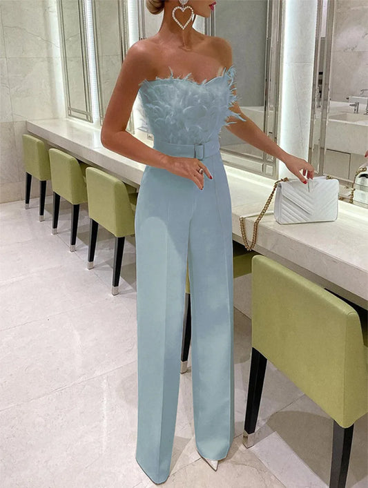 Feather Prom Strapless Overalls for Women 2022 Party Evening Bodysuit Sleevelss Overall Women's Clothing Ropa Mujer Jumpsuits