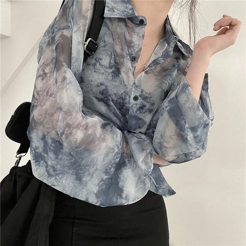 Shirts Women Fashion Tie Dye Harajuku Gothic Top New Korean Loose Casual Clothes Sun-proof Embroidery All-match Summer Holiday