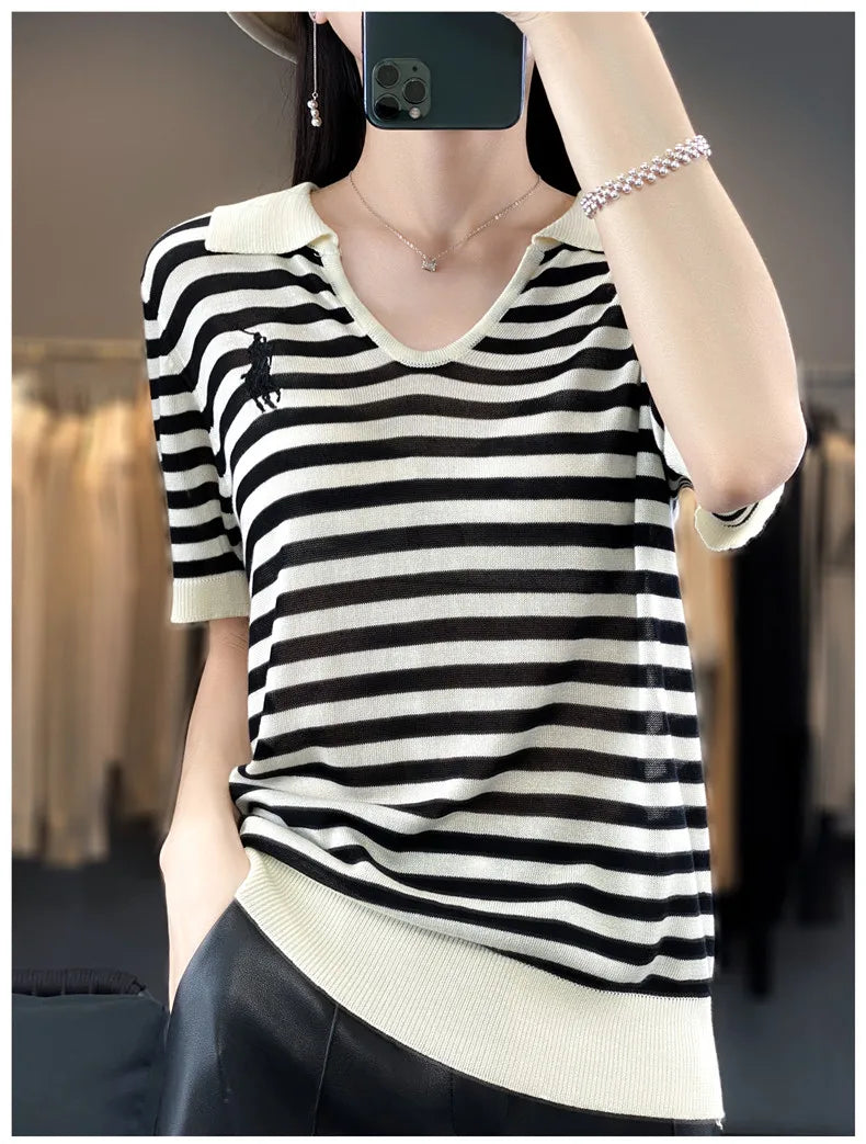 New Embroidery Loose Short Sleeve Striped T-shirt Summer Women's Fashion Short Sleeve Top