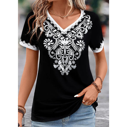 Vintage Shirt For Women Totem Printed Ethnic Style Women's Clothing Summer Casual Short Sleeved Tops Tees Oversized T-Shirt