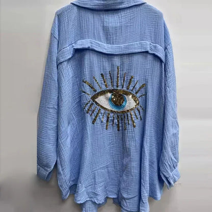 Beach Wear Women 2024 Spring Geometric Eye Sequin Top Casual Long Sleeve Loose Shirts Summer Turn-down Collar Button Long Blouse