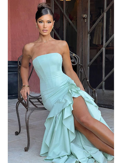 Townlike Ruffles High Split Nightclub Sexy Party Dress Women Slim Bodycon 2023 Summer Dress Elegant Maxi Long Dresses