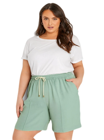 Plus Size Summer Drawstring Waist Casual Shorts Women Light Green Loose Elastic Waist Pocket Sides Workout Shorts Large Size 6XL